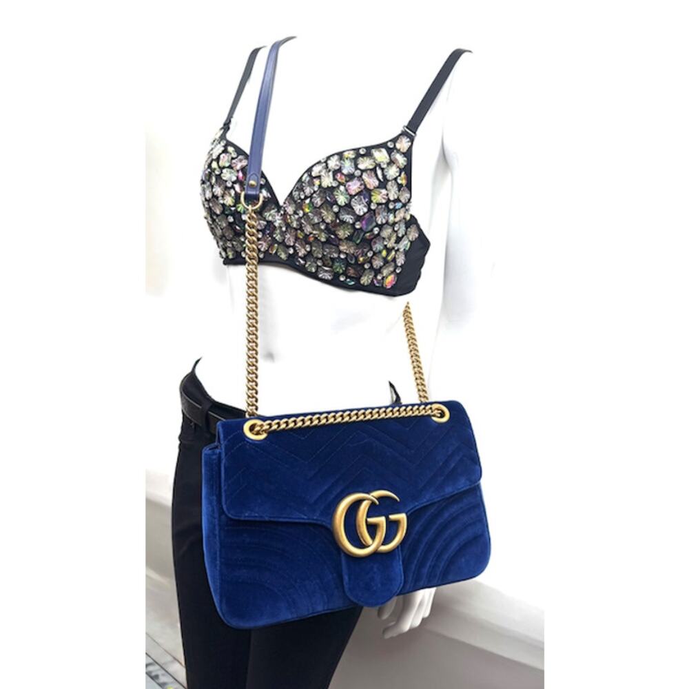 Gucci Medium Marmont Velvet Shoulder Bag - Blue - Antique Gold Hardware w/ COA